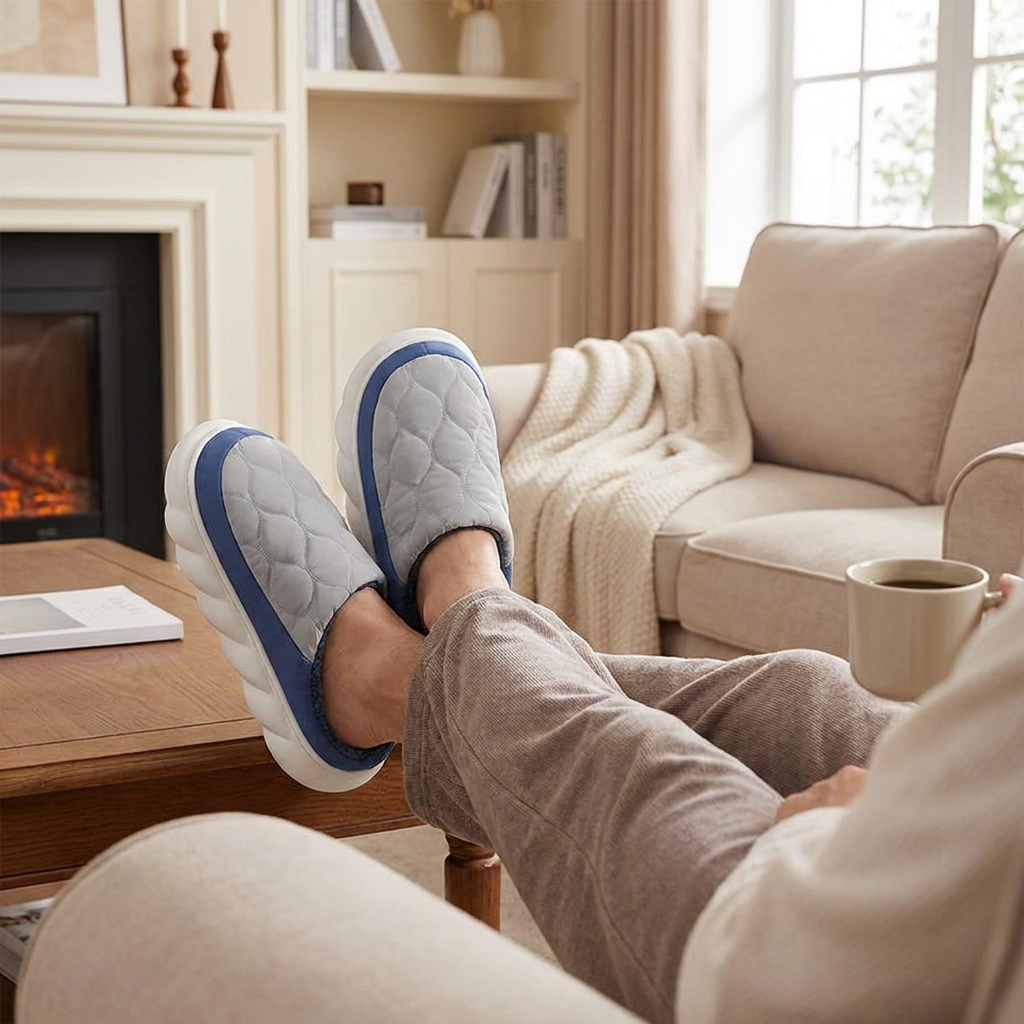 Waterproof Warm Winter Slippers for Men in use, lifestyle setting
