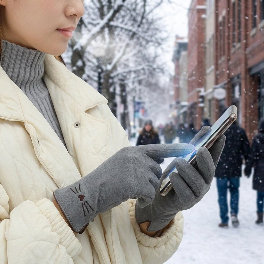 Cat Touchscreen Winter Gloves for Women in use, lifestyle setting