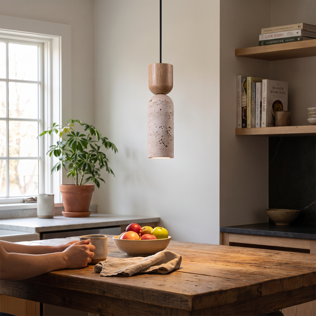 Wabi-Sabi Travertine & Wood Pendant Light